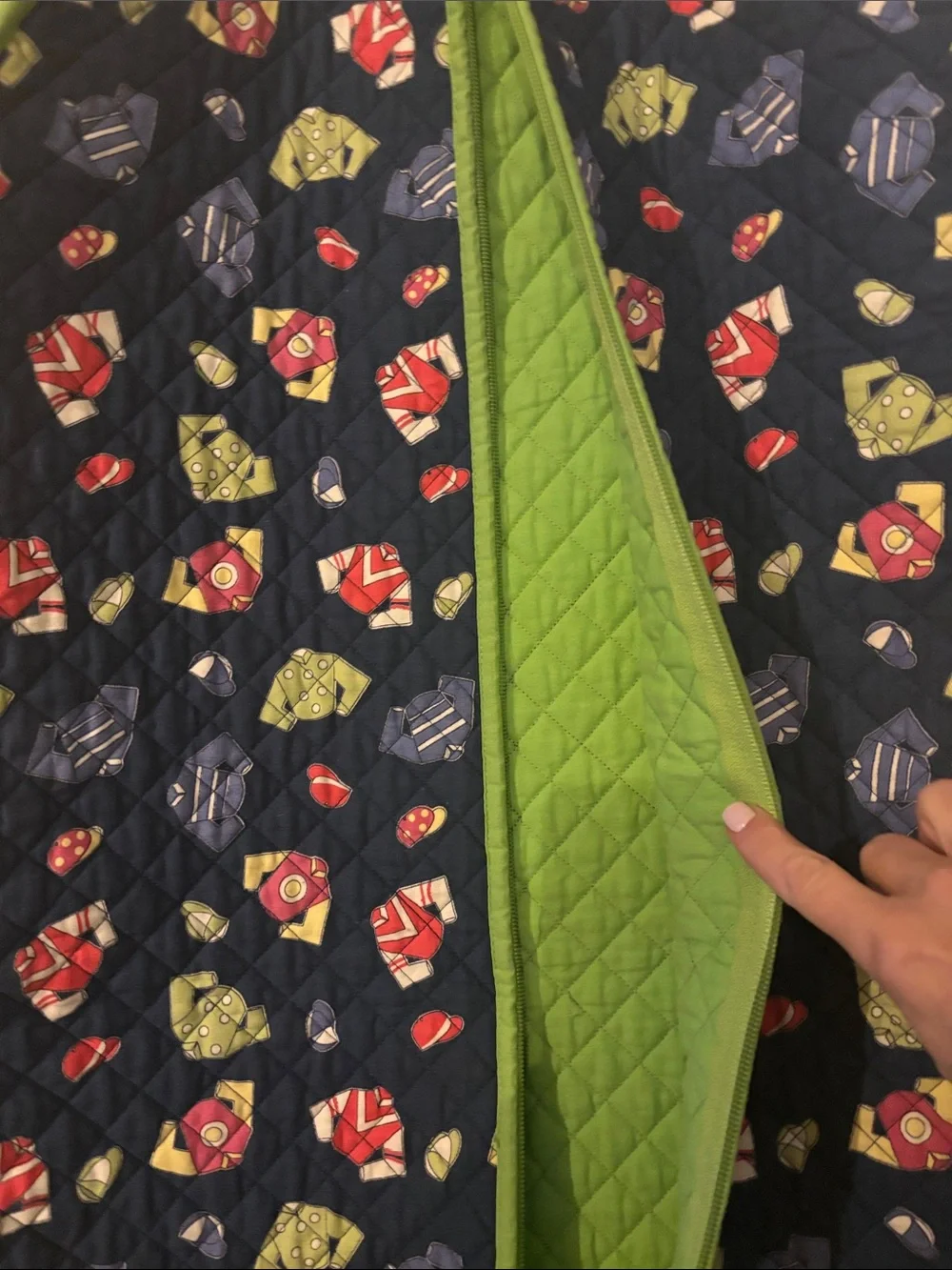 Quilted Navy Floral Garment Bag with Green Trim & Interior